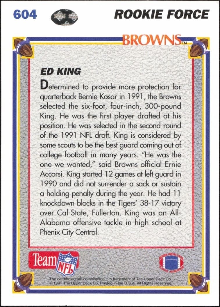 1991 Upper Deck Ed King #604 football trading card back