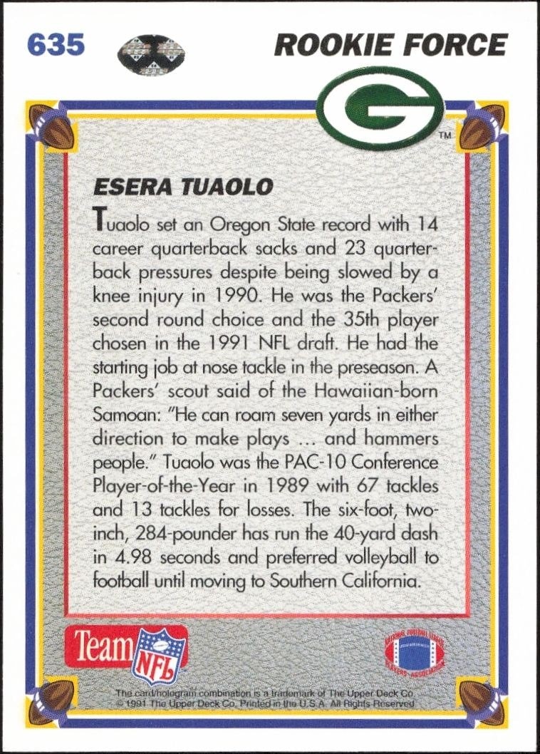 1991 Upper Deck Esera Tuaolo #635 football trading card back