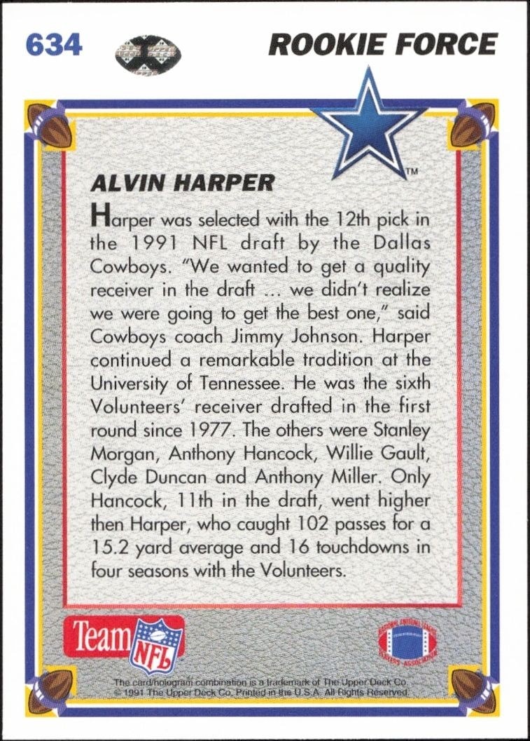 1991 Upper Deck Alvin Harper #634 football trading card back