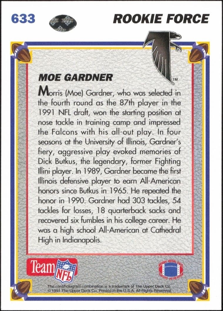 1991 Upper Deck Moe Gardner #633 football trading card back