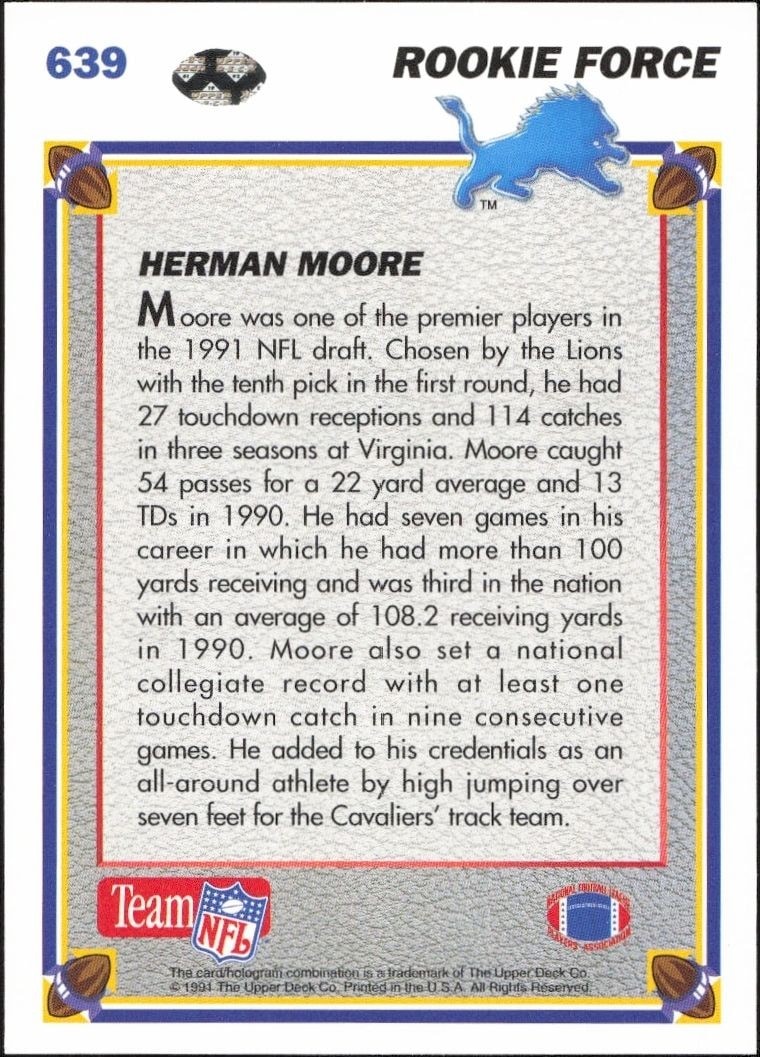1991 Upper Deck Herman Moore #639 football trading card back