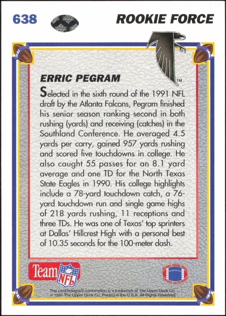 1991 Upper Deck Erric Pegram #638 football trading card back