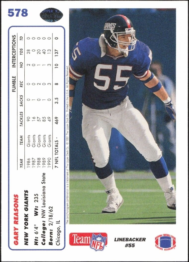 1991 Upper Deck Gary Reasons #578 football trading card back