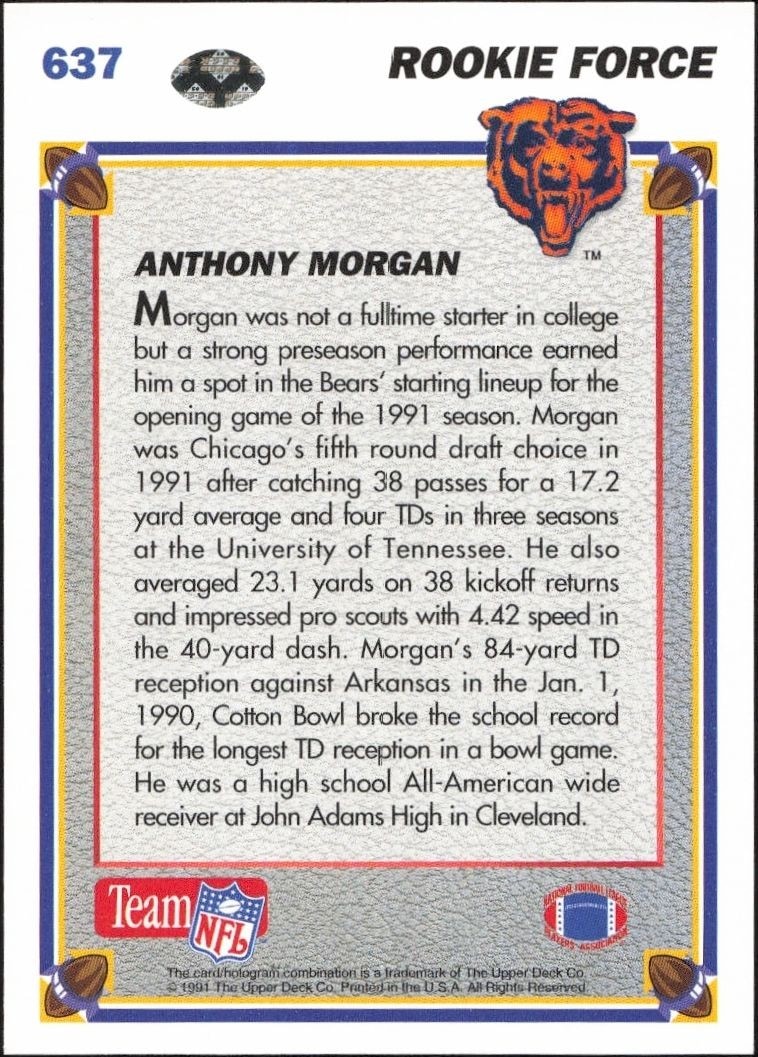 1991 Upper Deck Anthony Morgan #637 football trading card back