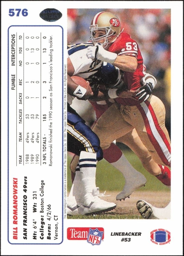 1991 Upper Deck Bill Romanowski #576 football trading card back