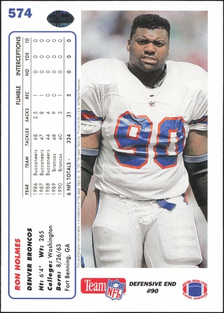 1991 Upper Deck Ron Holmes #574 football trading card back