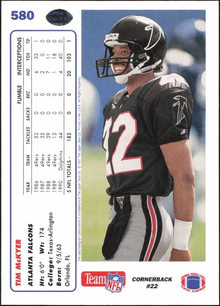1991 Upper Deck Tim McKyer #580 football trading card back
