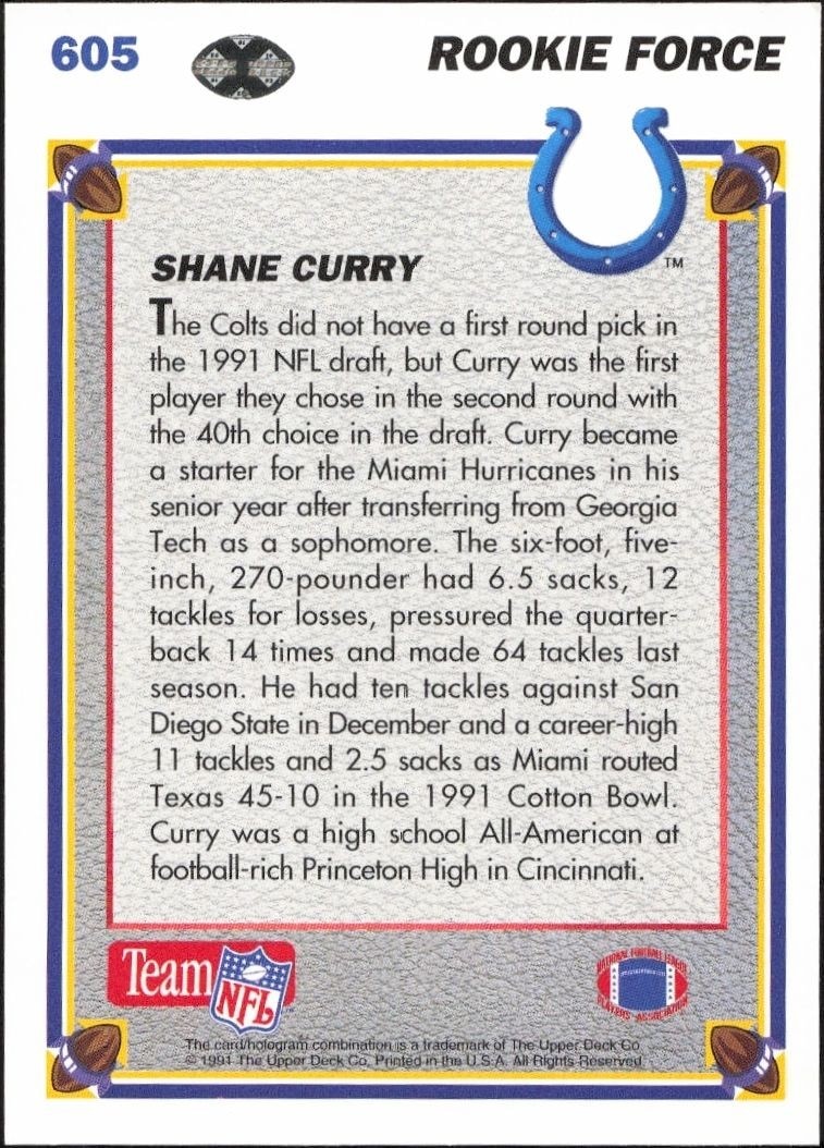 1991 Upper Deck Shane Curry #605 football trading card back