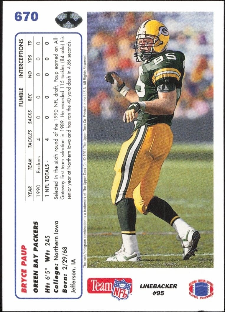 1991 Upper Deck Bryce Paup #670 football trading card back