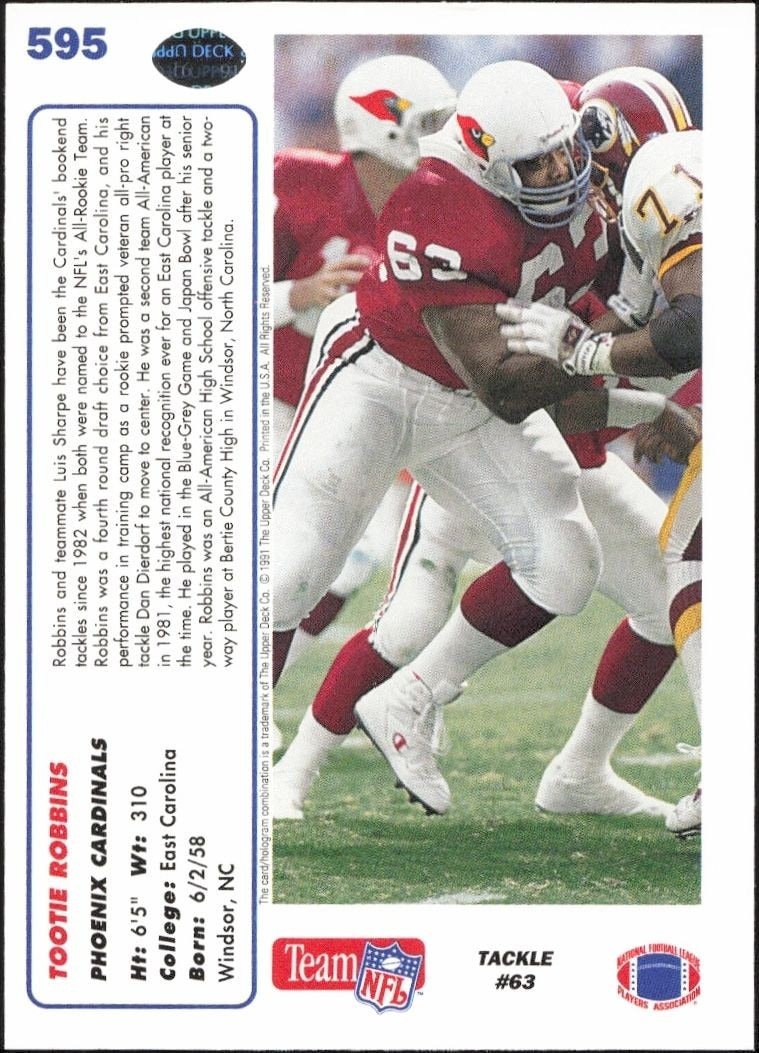 1991 Upper Deck Tootie Robbins #595 football trading card back