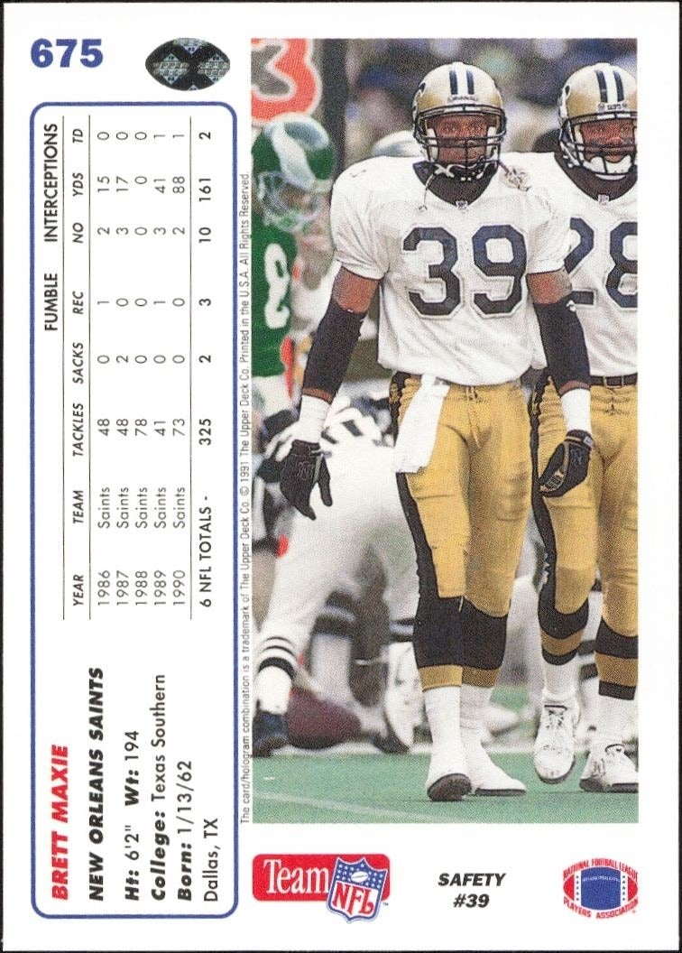 1991 Upper Deck Brett Maxie #675 football trading card back