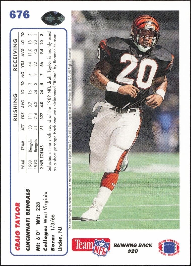 1991 Upper Deck Craig Taylor #676 football trading card back