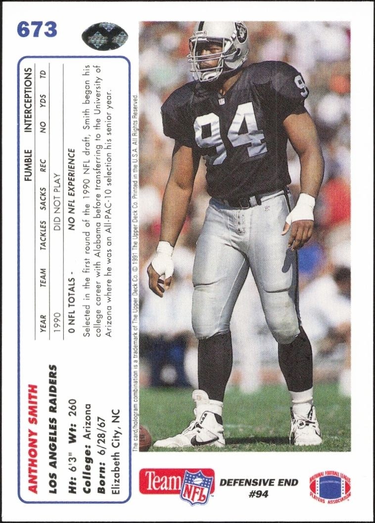 1991 Upper Deck Anthony Smith #673 football trading card back