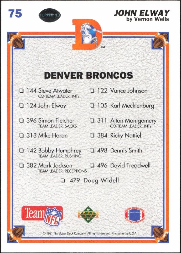 1991 Upper Deck John Elway #75 football trading card back