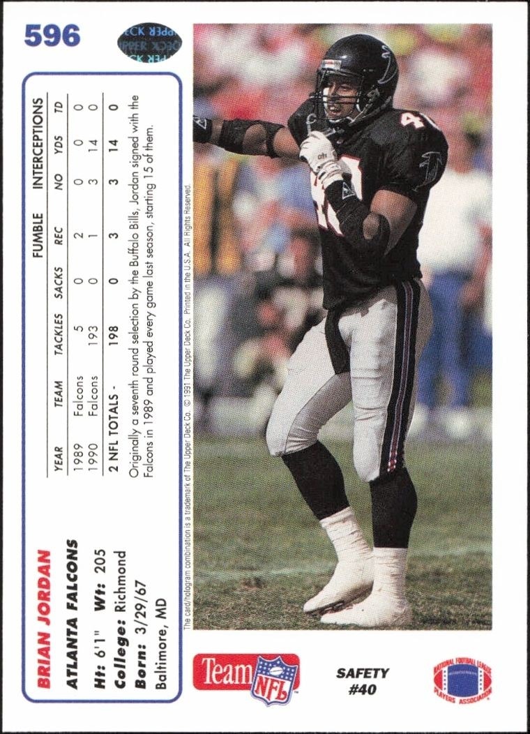 1991 Upper Deck Brian Jordan #596 football trading card back