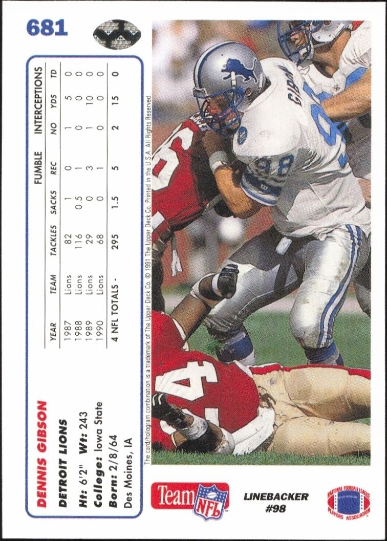 1991 Upper Deck Dennis Gibson #681 football trading card back
