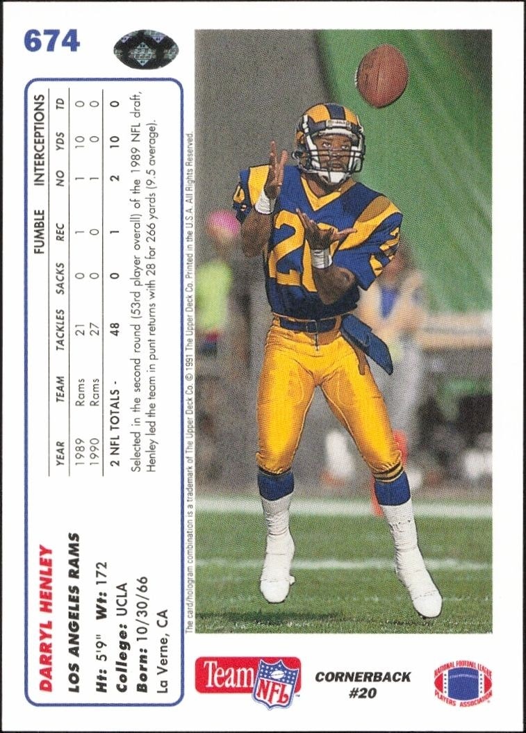 1991 Upper Deck Darryl Henley #674 football trading card back