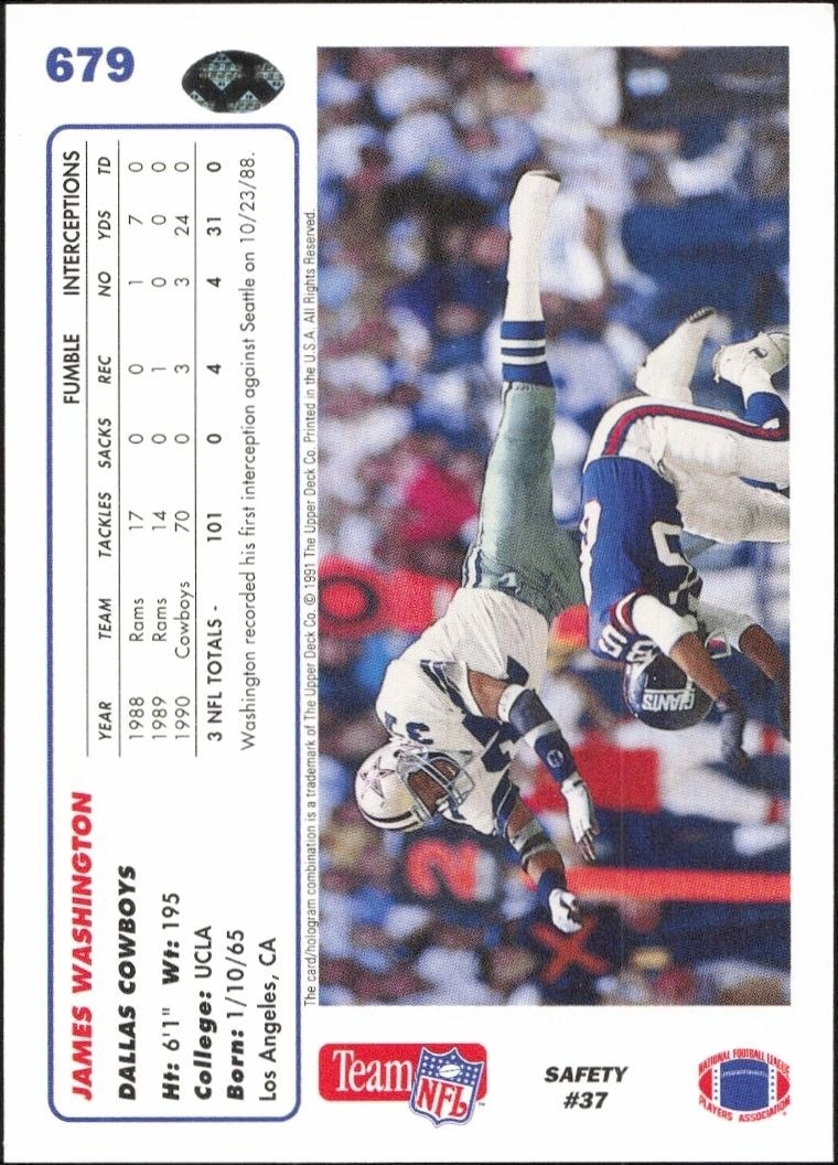 1991 Upper Deck James Washington #679 football trading card back