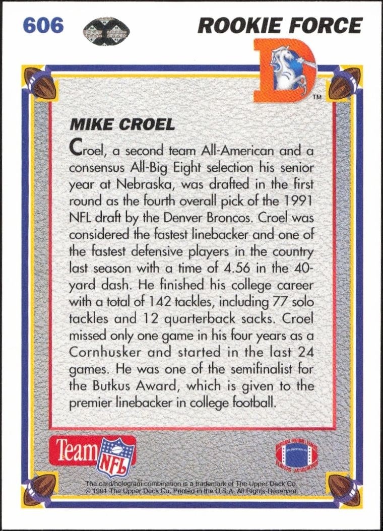 1991 Upper Deck Mike Croel #606 football trading card back