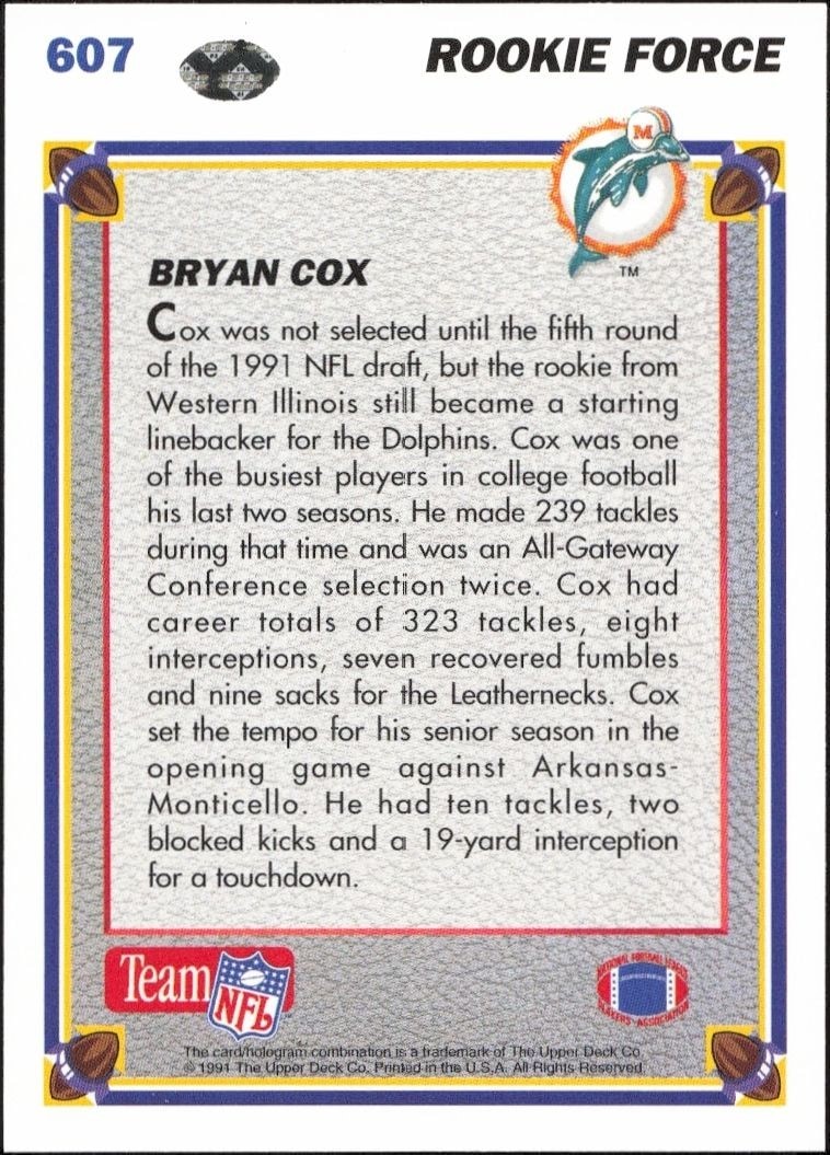 1991 Upper Deck Bryan Cox #607 football trading card back