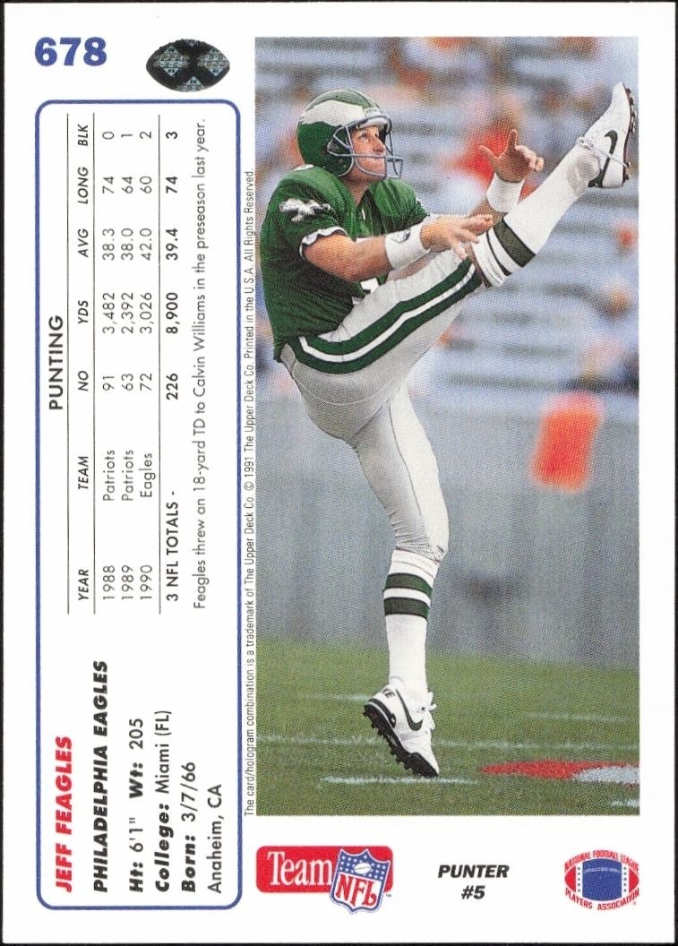 1991 Upper Deck Jeff Feagles #678 football trading card back