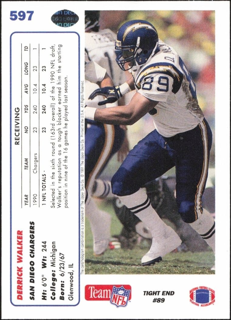 1991 Upper Deck Derrick Walker #597 football trading card back