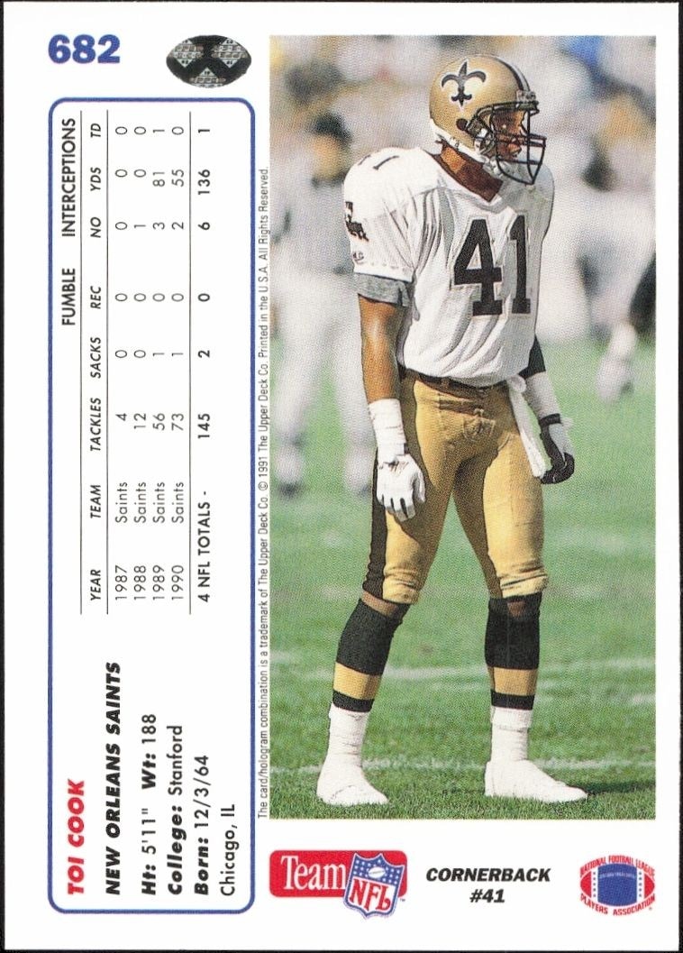 1991 Upper Deck Toi Cook #682 football trading card back
