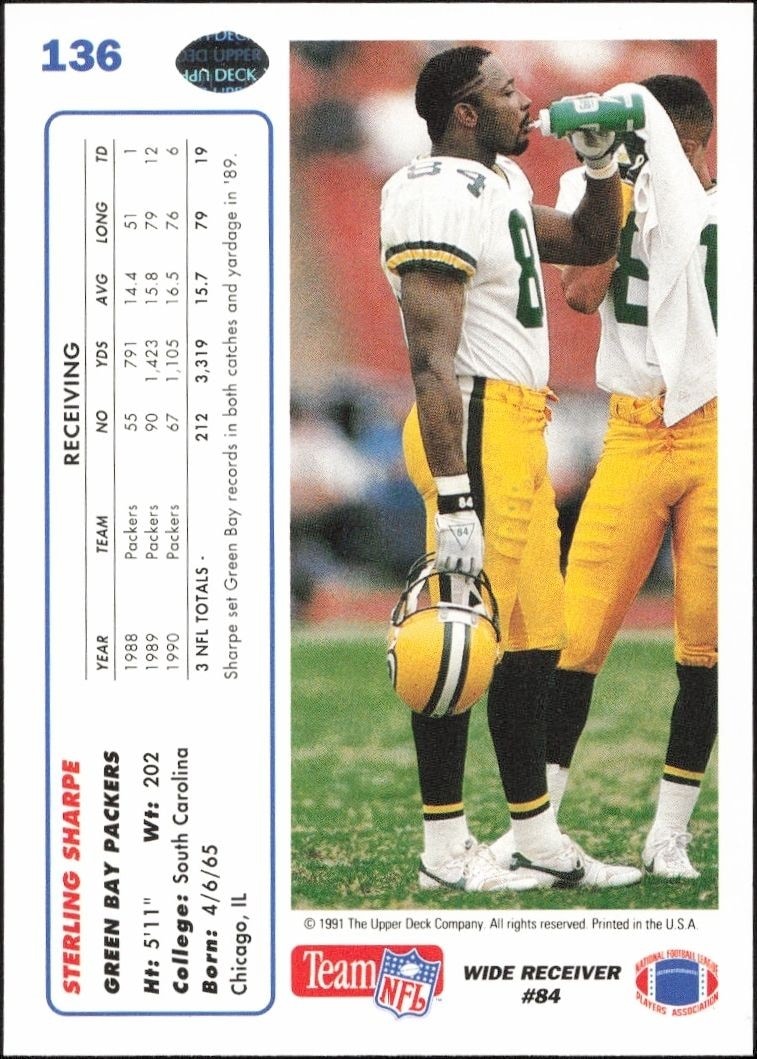 1991 Upper Deck Sterling Sharpe #136 football trading card back