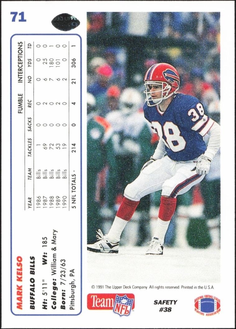 1991 Upper Deck Mark Kelso #71 football trading card back