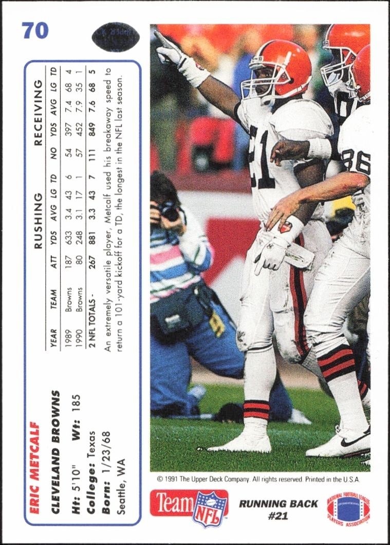 1991 Upper Deck Eric Metcalf #70 football trading card back