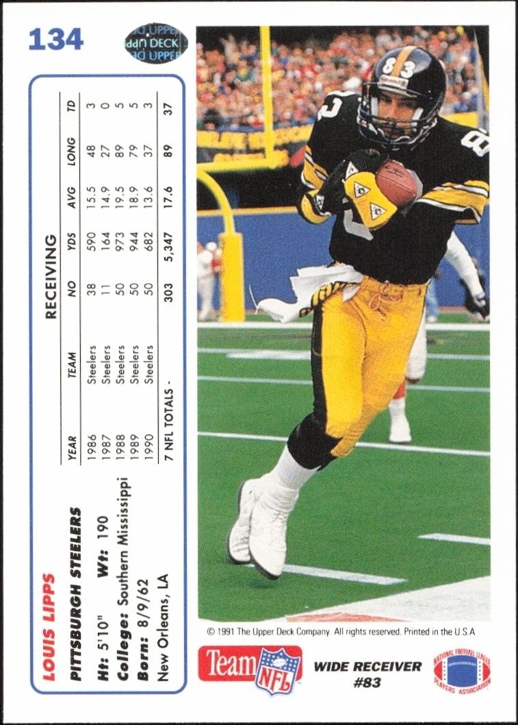 1991 Upper Deck Louis Lipps #134 football trading card back