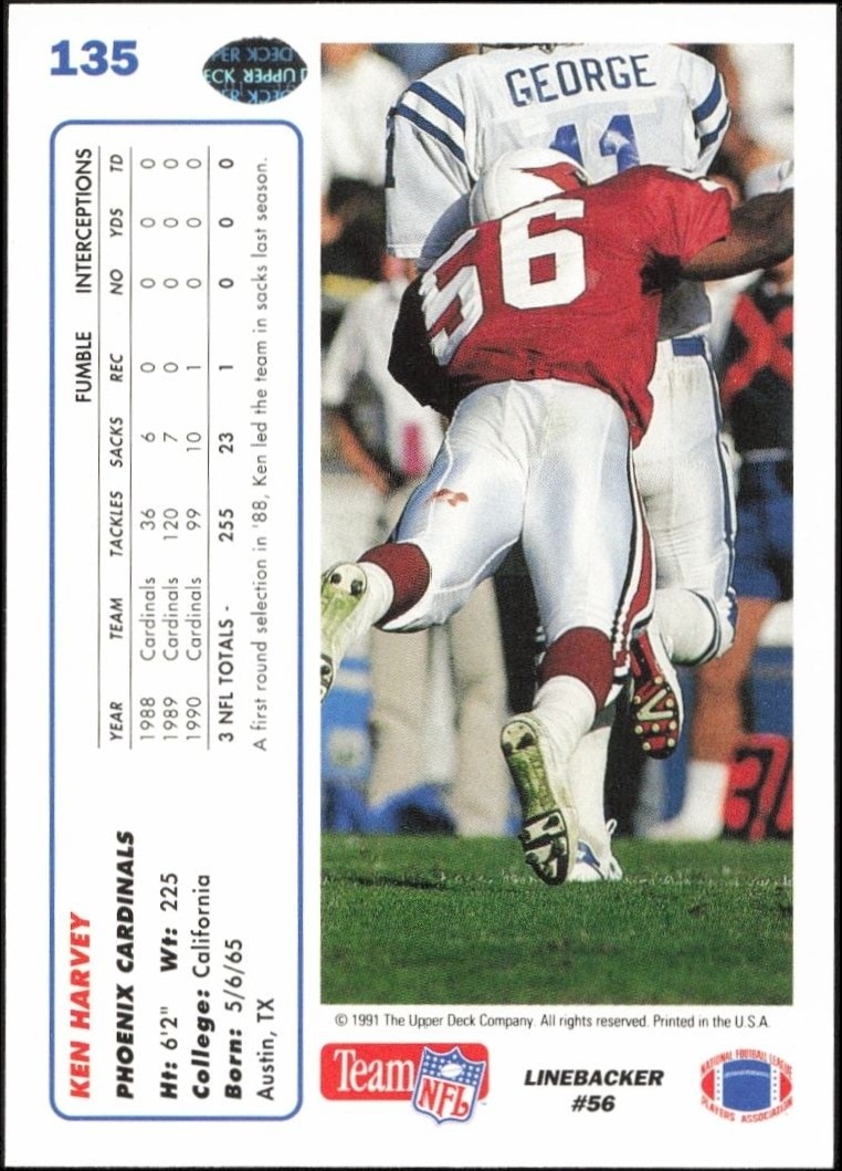 1991 Upper Deck Ken Harvey #135 football trading card back