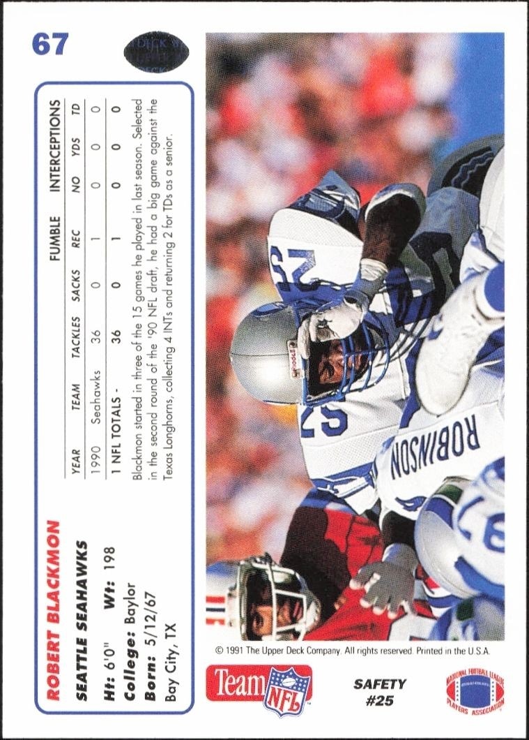 1991 Upper Deck Robert Blackmon #67 football trading card back