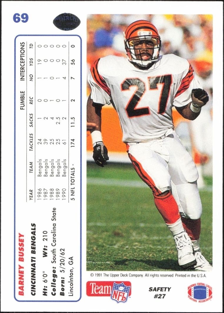 1991 Upper Deck Barney Bussey #69 football trading card back