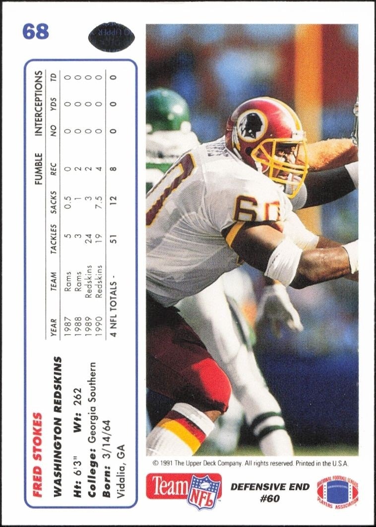 1991 Upper Deck Fred Stokes #68 football trading card back