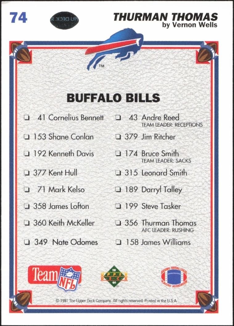 1991 Upper Deck Thurman Thomas #74 football trading card back