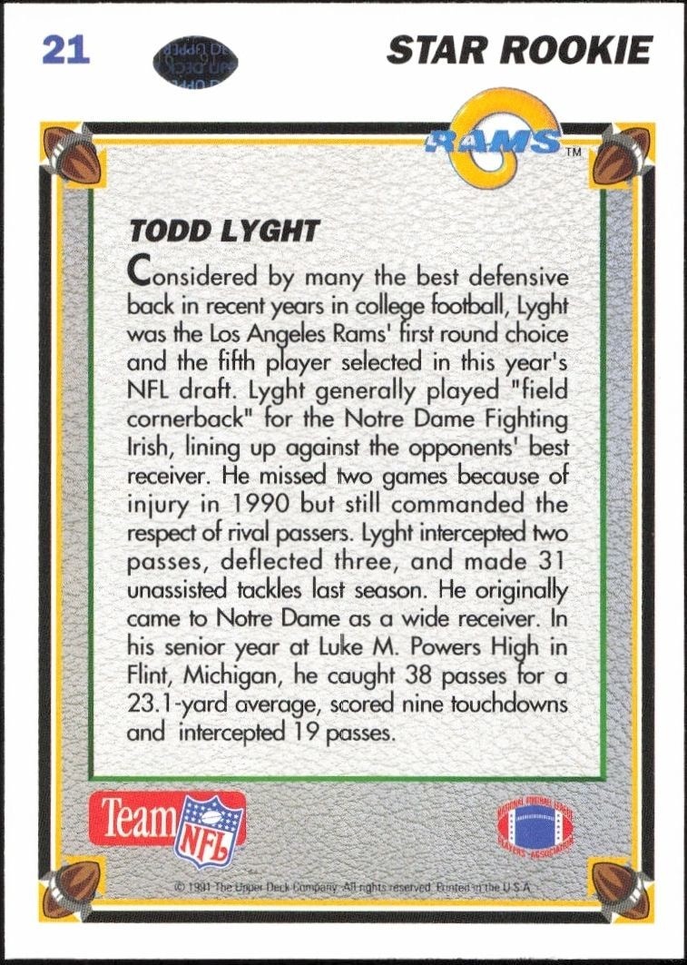 1991 Upper Deck Todd Lyght #21 football trading card back