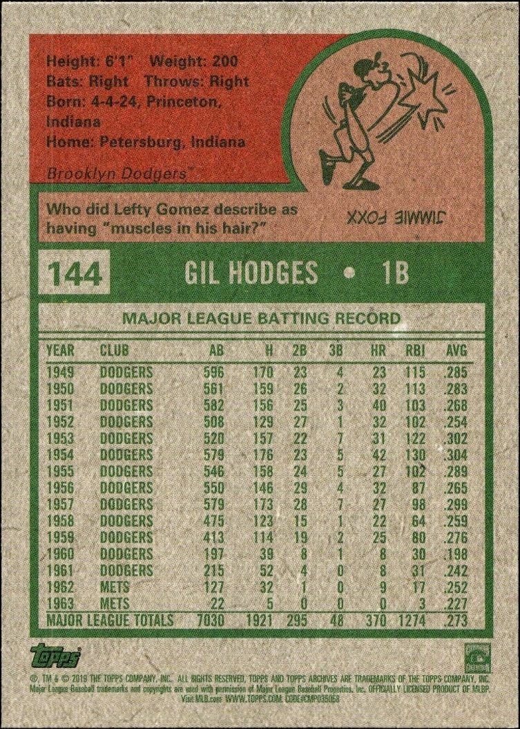 2019 Topps Archives Gil Hodges #144 baseball trading card back