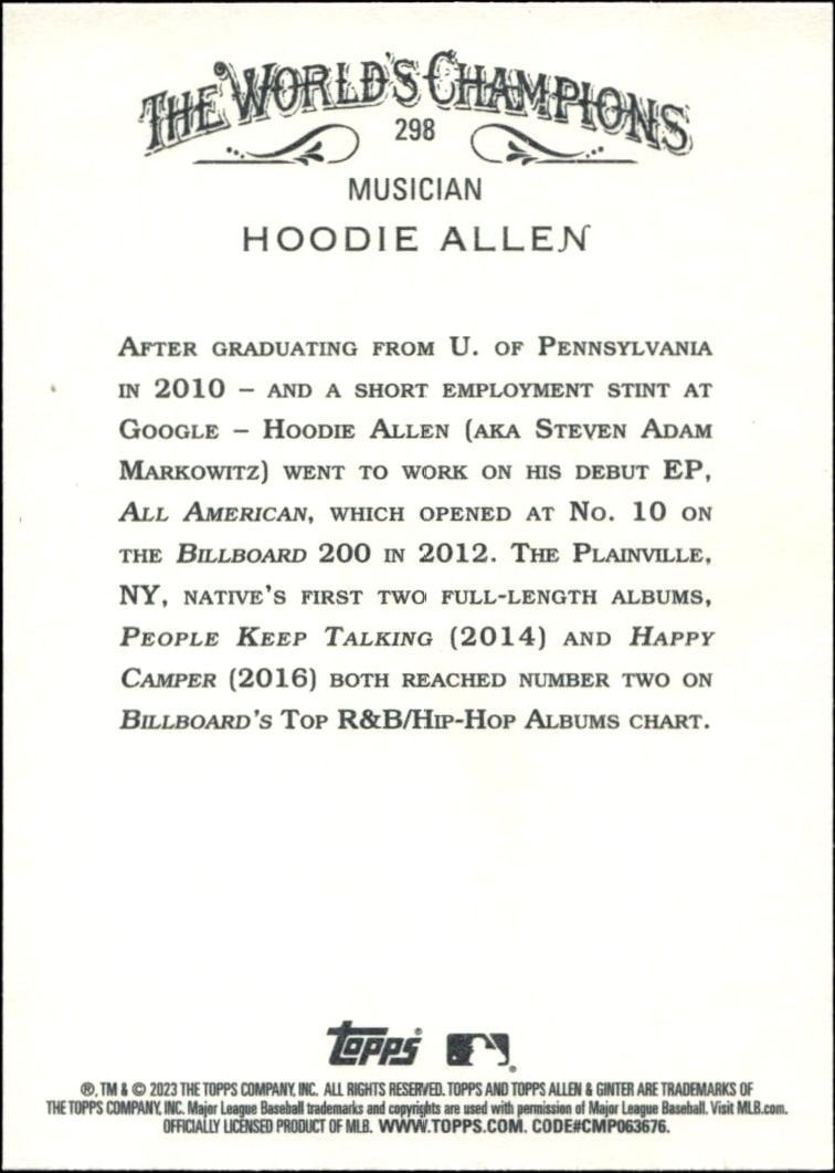 2023 Topps Allen & Ginter Hoodie Allen #298 baseball trading card back