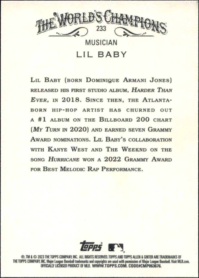 2023 Topps Allen & Ginter Lil Baby #233 baseball trading card back
