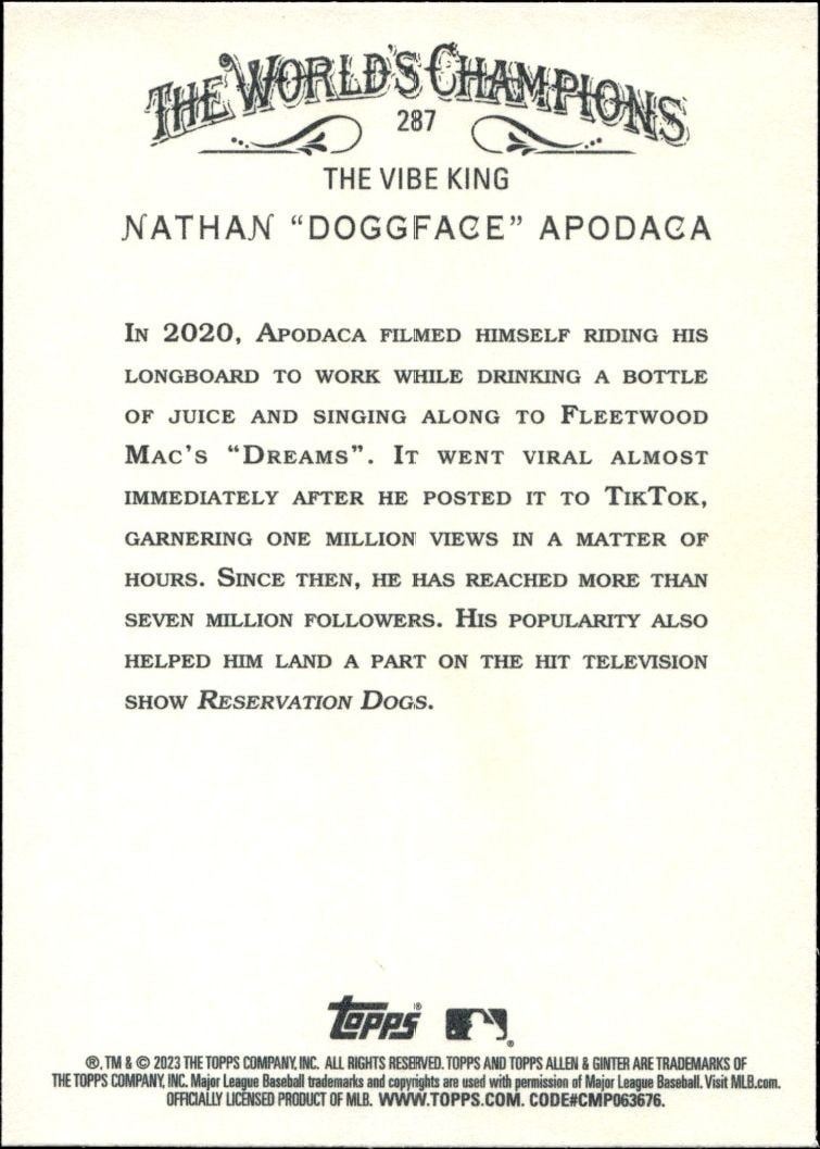2023 Topps Allen & Ginter Nathan "doggface" Apodaca #287 baseball trading card back