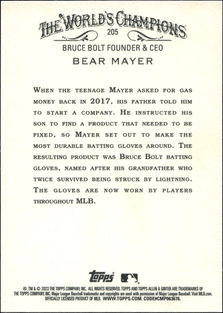 2023 Topps Allen & Ginter Bear Mayer #205 baseball trading card back