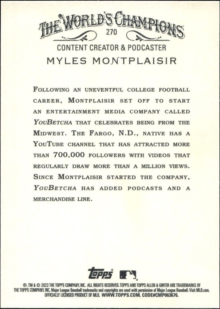 2023 Topps Allen & Ginter Myles Montplaisir #270 baseball trading card back
