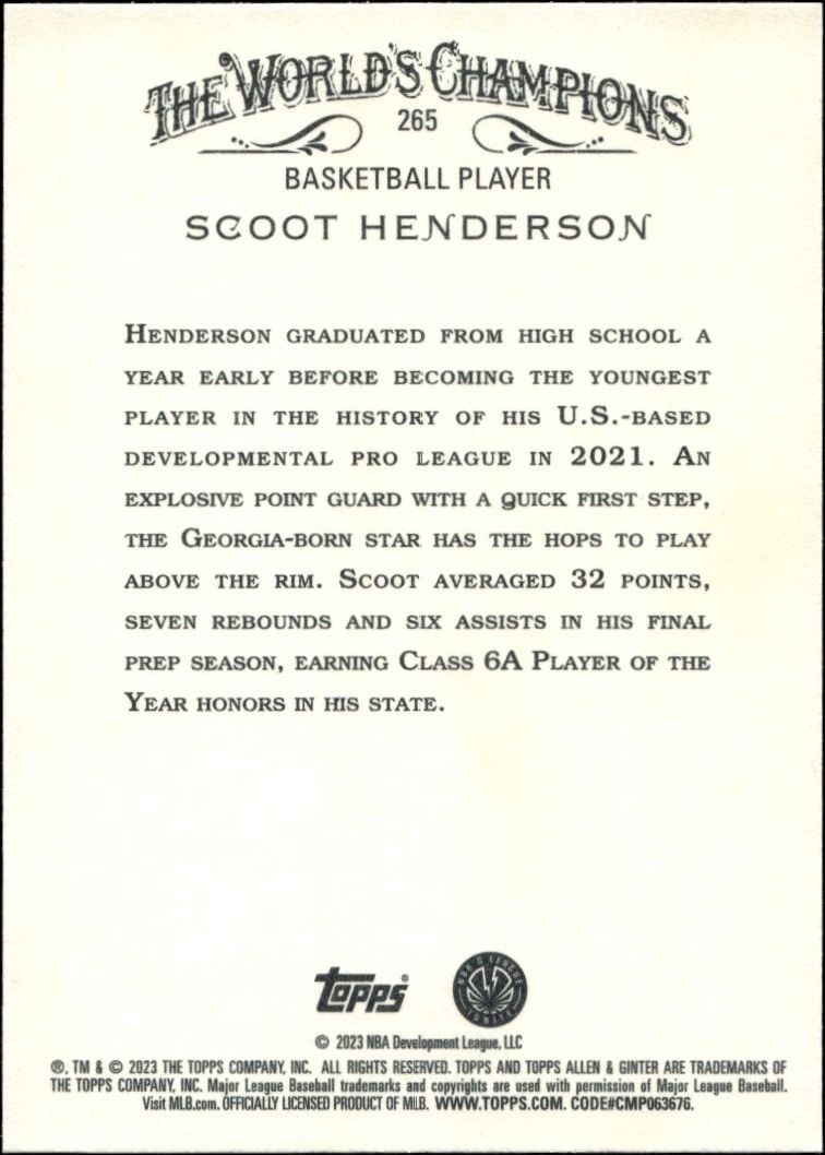 2023 Topps Allen & Ginter Scoot Henderson #265 baseball trading card back