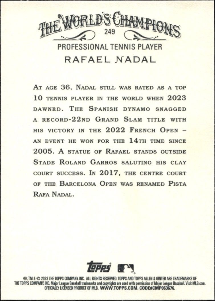 2023 Topps Allen & Ginter Rafael Nadal #249 baseball trading card back