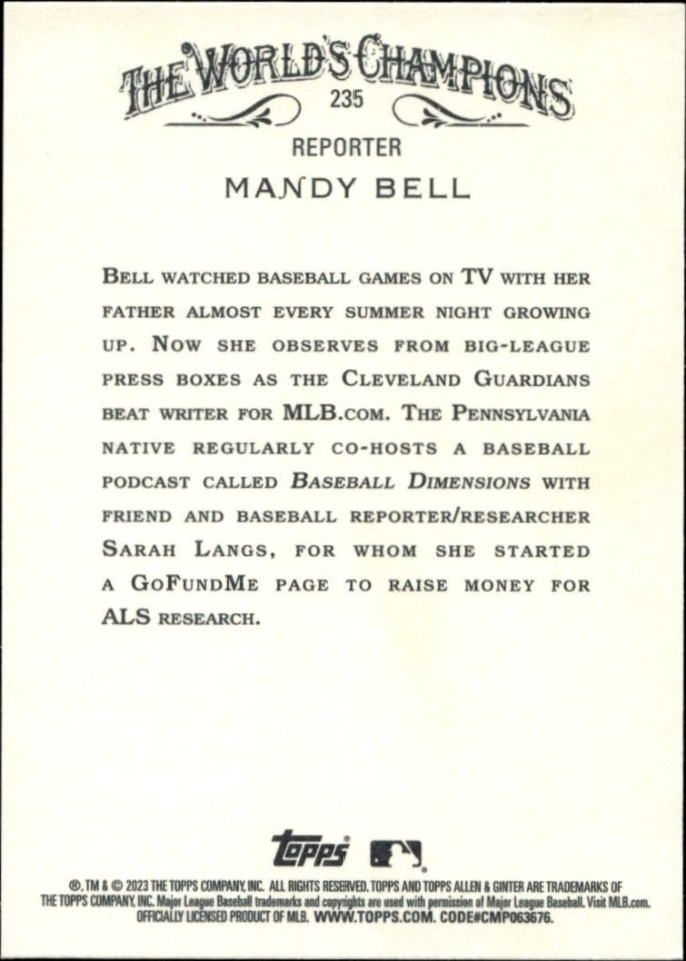 2023 Topps Allen & Ginter Mandy Bell #235 baseball trading card back