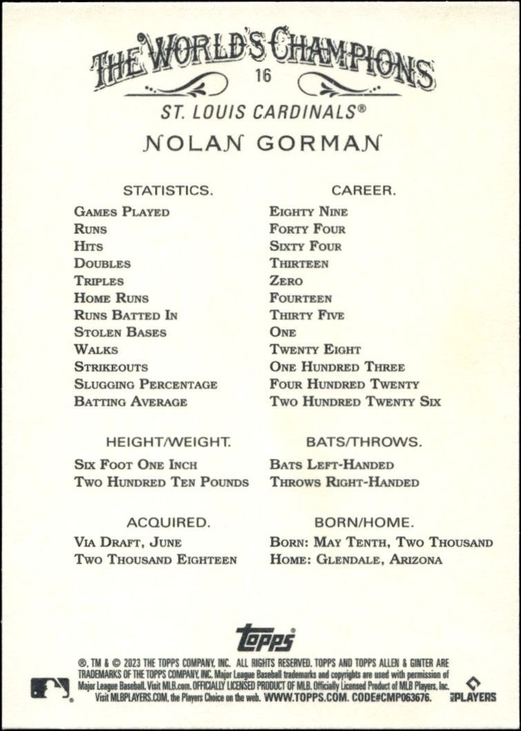 2023 Topps Allen & Ginter Nolan Gorman #16 baseball trading card back