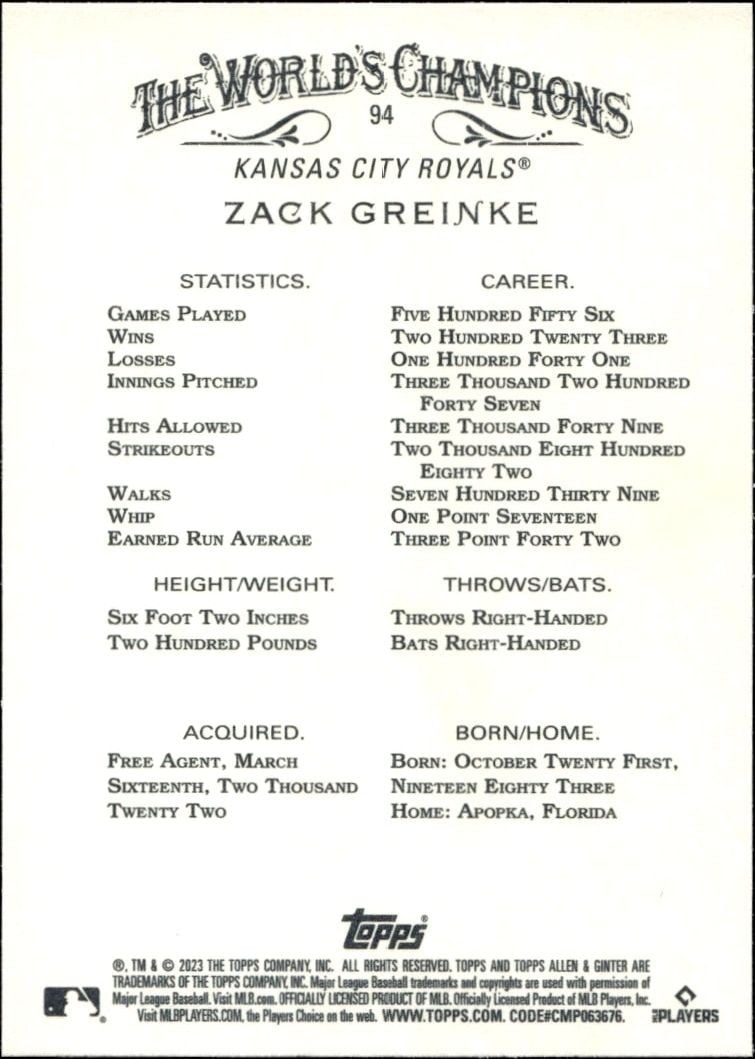2023 Topps Allen & Ginter Zack Greinke #94 baseball trading card back