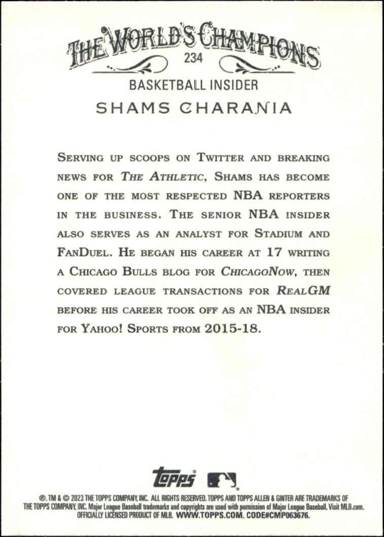 2023 Topps Allen & Ginter Shams Charania #234 baseball trading card back