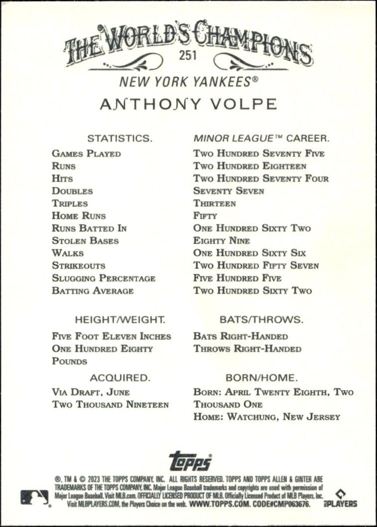 2023 Topps Allen & Ginter Anthony Volpe #251 baseball trading card back
